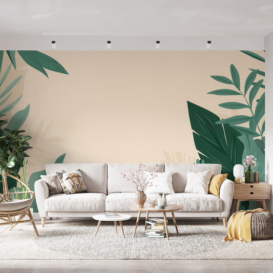 Papier Peint Feuillage Design Tropical Beige et Vert Épuré Autocollant
