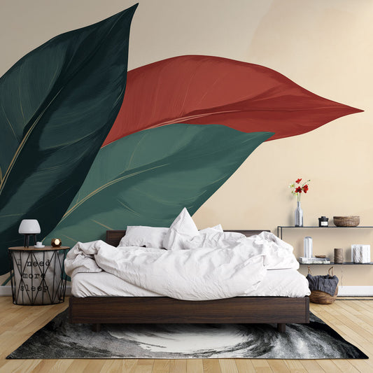 Papier Peint Feuillage Grandes Feuilles Vert et Terracotta Autocollant