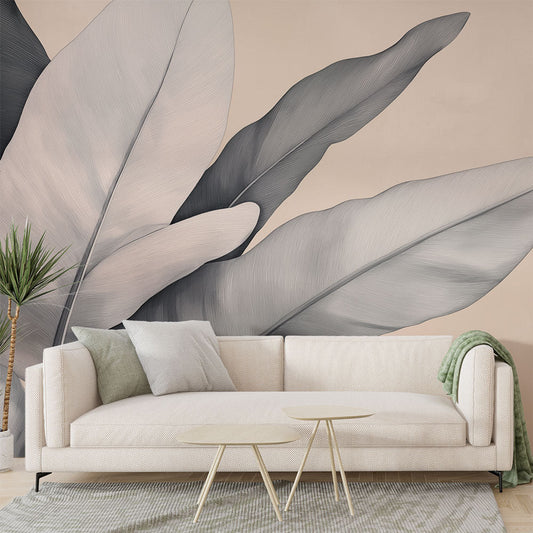 Papier Peint Feuillage Art Botanique Gris et Beige Moderne Autocollant