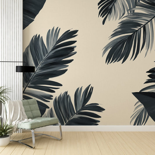Papier Peint Palmier Feuilles Tropicales Noir et Beige Autocollant