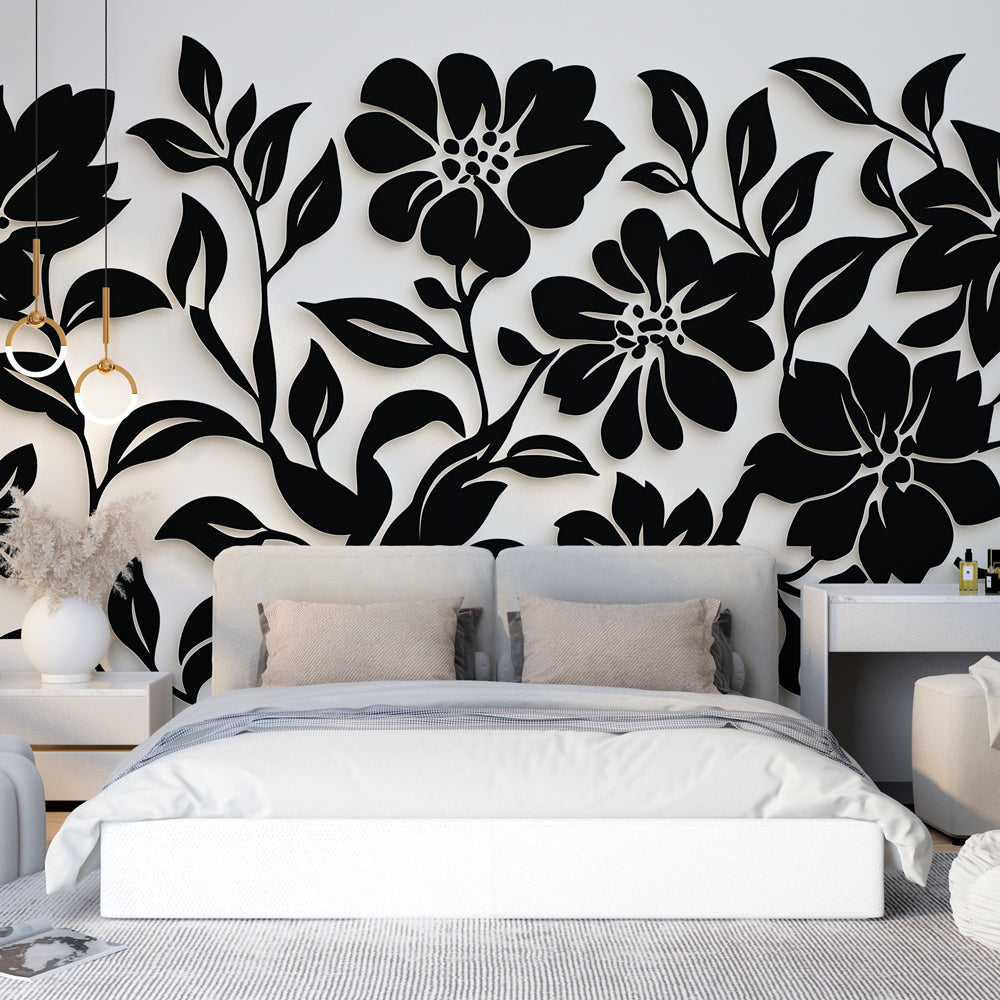 Papier Peint Fleuri Motif Botanique Noir et Blanc Autocollant