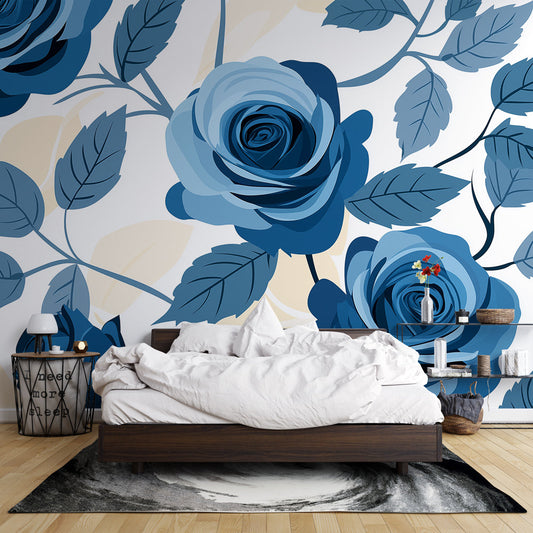 Papier Peint Floral Roses Bleues et Feuillage Élégant Autocollant
