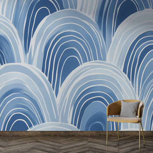 Papier Peint Art Déco Arches Géométriques Bleu et Blanc Autocollant