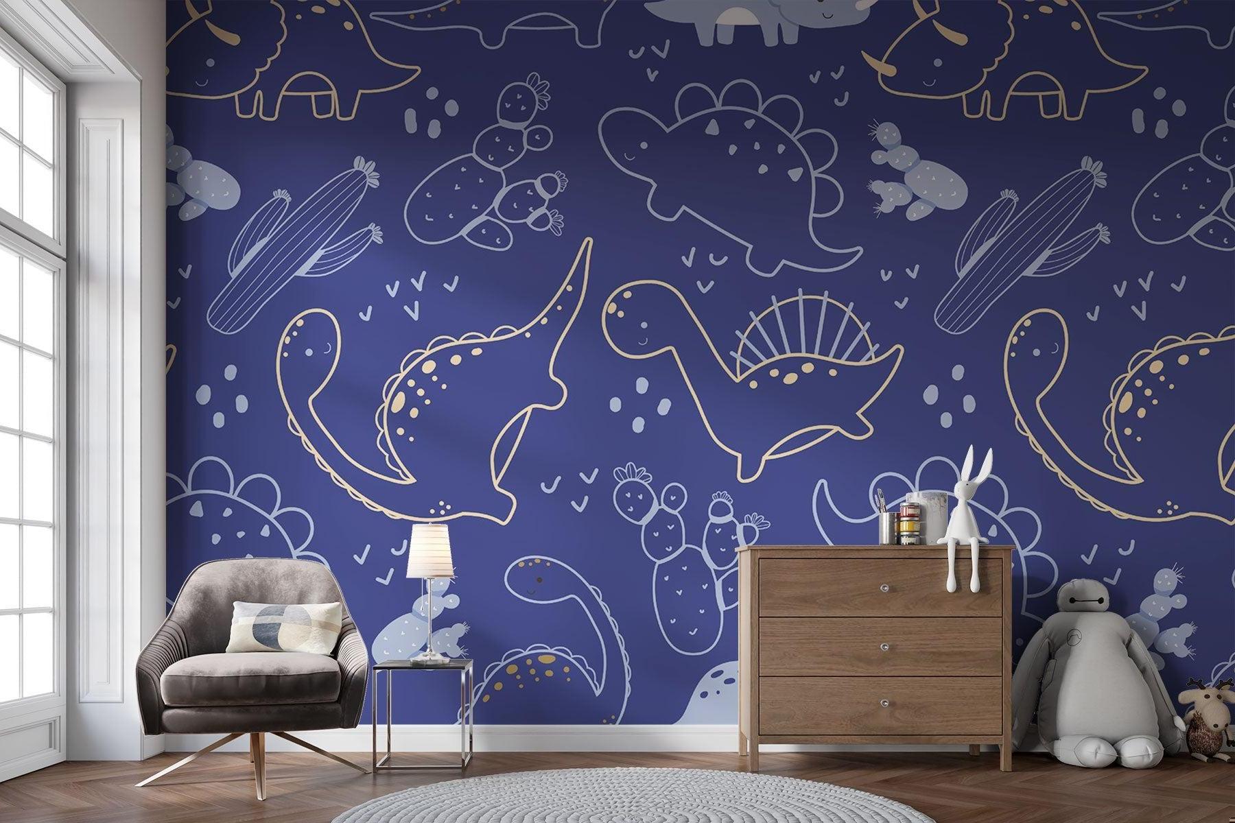 Papier Peint Dinosaure Motif Ligne Art Bleu Marine et Doré Premium