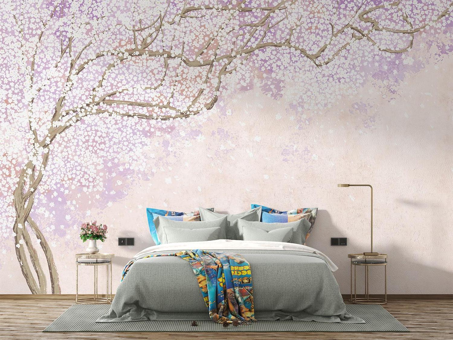 Papier Peint Cerisier Japonais Branches de Sakura Rose et Lavande Premium