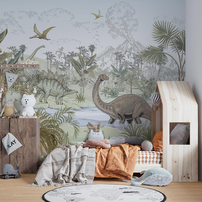 Papier Peint Dinosaure Scène Préhistorique Tropicale avec Volcans Premium