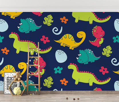 Papier Peint Dinosaure Motifs Colorés sur Fond Bleu Marine Premium