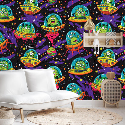 Papier Peint Espace Aliens et OVNI Colorés dans la Galaxie Premium