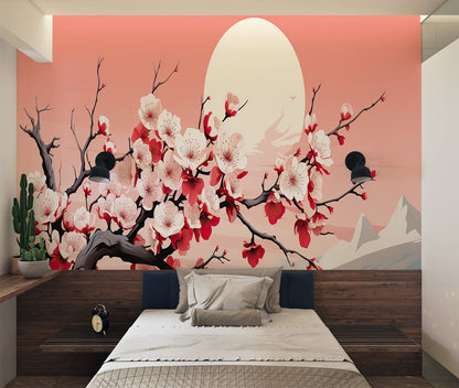 Papier Peint Japonais Cerisiers en Fleurs et Pleine Lune Rose Premium