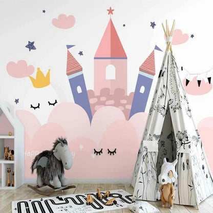 Papier Peint Château de Princesse Design Féérique Rose et Bleu Premium