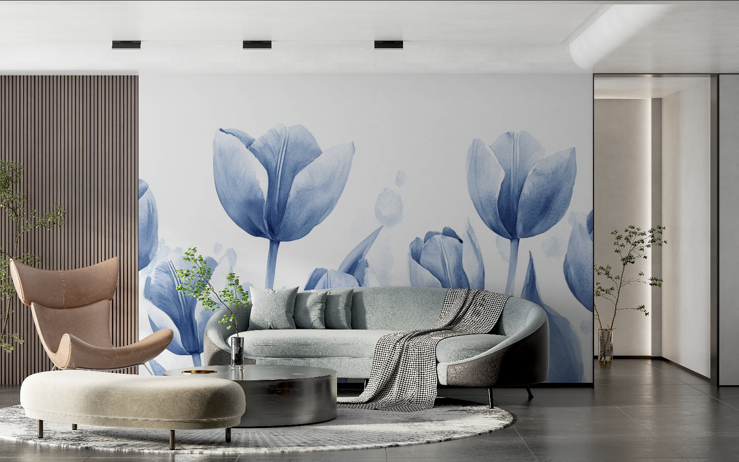 Papier Peint Tulipes Aquarelle Florale Bleu Azur Premium