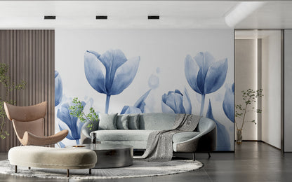 Papier Peint Tulipes Aquarelle Florale Bleu Azur Premium
