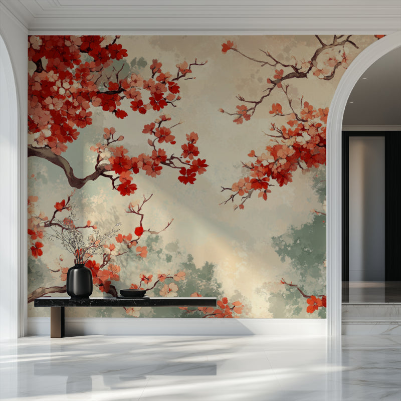 Papier Peint Japonais Cerisiers en Fleurs Rouge et Beige Autocollant
