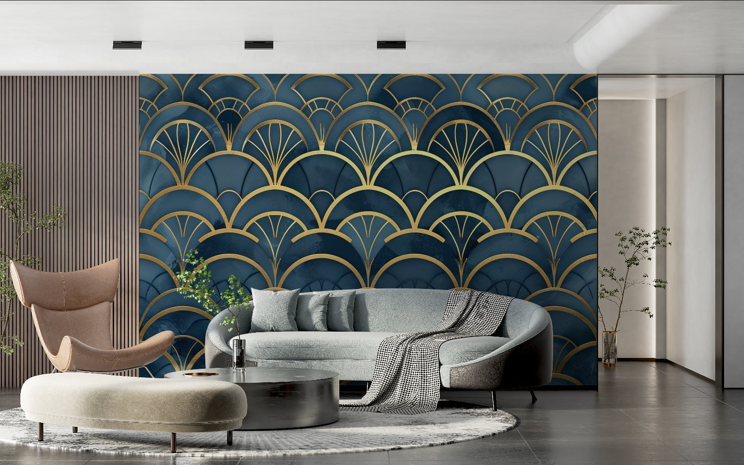 Papier Peint Art Déco Motif Éventail Doré sur Bleu Profond Premium