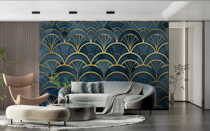 Papier Peint Art Déco Motif Éventail Doré sur Bleu Profond Premium