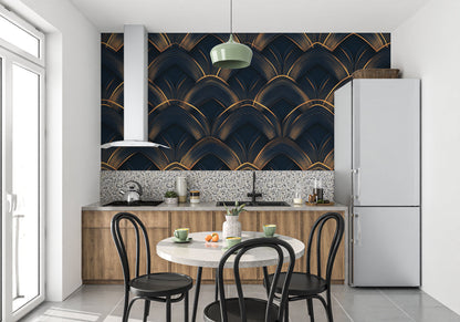 Papier Peint Art Déco Motif Éventail Géométrique Noir et Or Premium