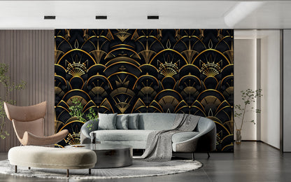 Papier Peint Art Déco Motif Géométrique Noir et Doré Premium
