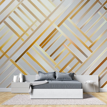 Papier Peint Géométrique Lignes Art Déco Blanc et Doré Premium