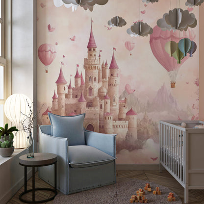 Papier Peint Château de Princesse Montgolfières Roses et Papillons Enchantés Premium