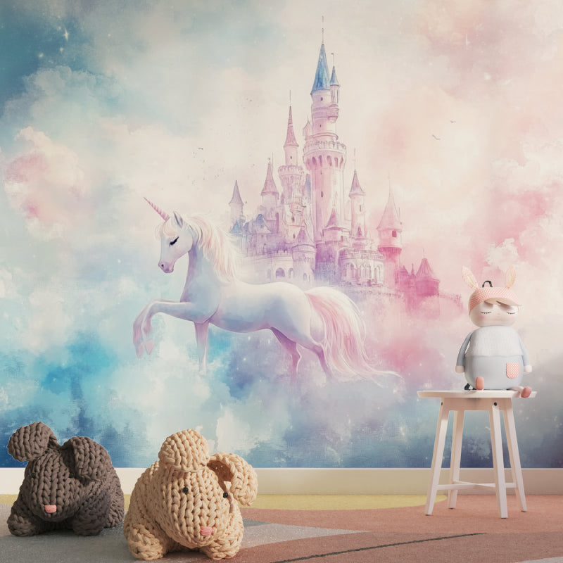 Papier Peint Licorne Château Féerique dans les Nuages Roses et Bleus Premium
