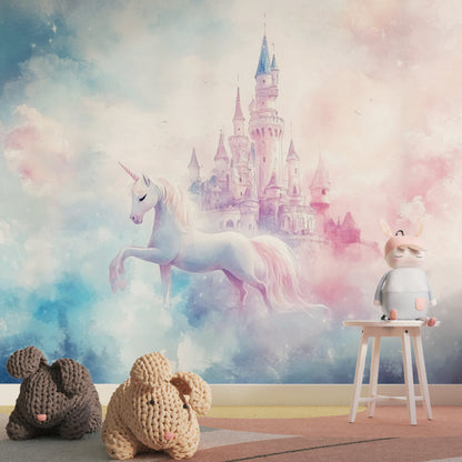 Papier Peint Licorne Château Féerique dans les Nuages Roses et Bleus Premium