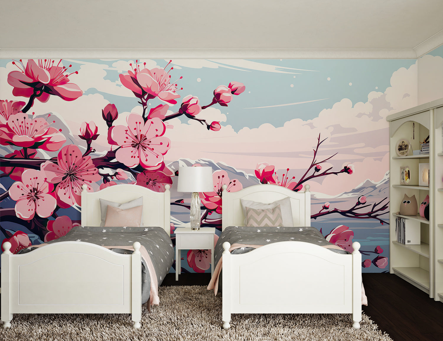 Papier Peint Japonais Fleurs de Cerisier et Montagnes Enneigées Premium