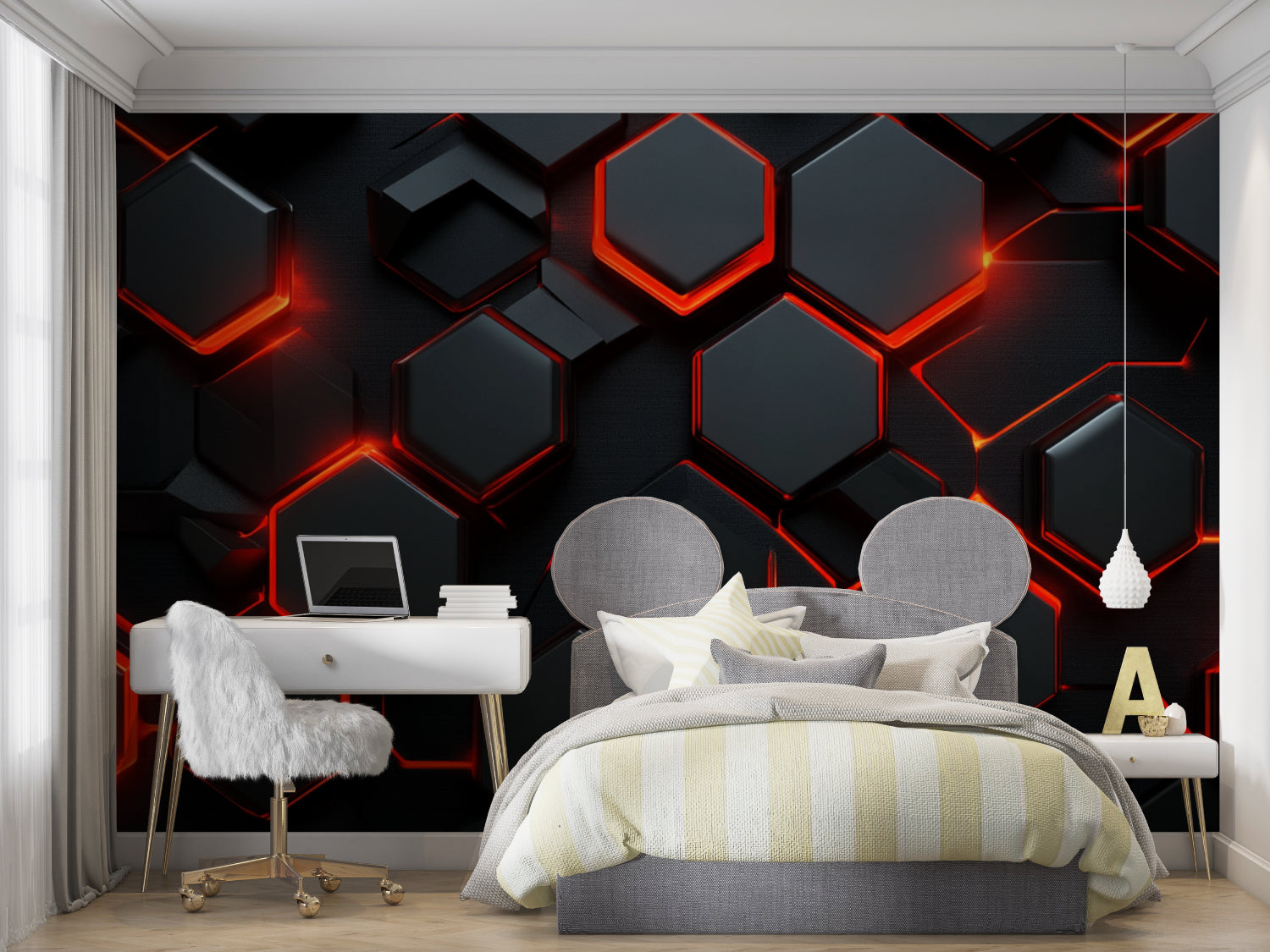 Papier Peint Géométrique Hexagones Noirs avec Contours Lumineux Rouge Premium