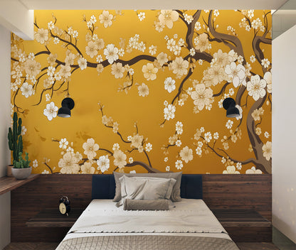 Papier Peint Japonais Fleurs de Cerisier sur Fond Doré Premium