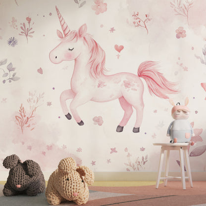 Papier Peint Licorne Aquarelle Rose avec Fleurs et Nuages Premium