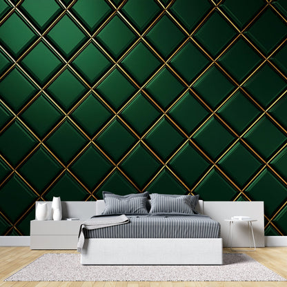 Papier Peint Géométrique Motif Diamant Vert et Doré Art Déco Premium