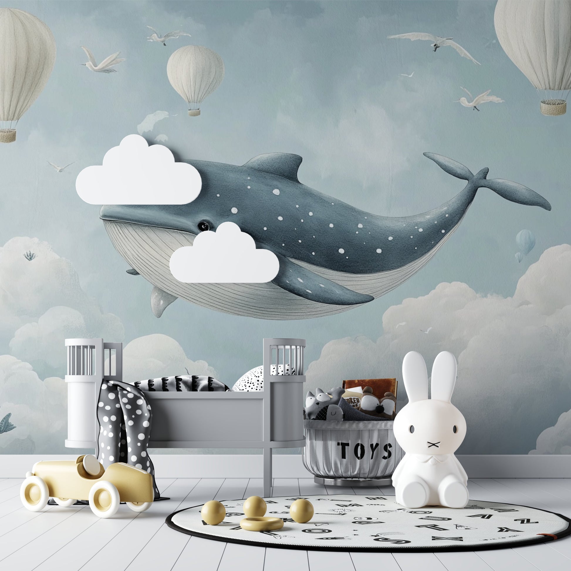 Papier Peint Baleine Scène Féérique avec Montgolfières et Nuages Premium