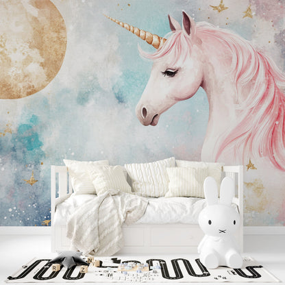 Papier Peint Licorne Aquarelle Rose et Lune Dorée Premium