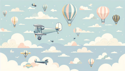 Papier Peint Aviation Montgolfières et Avions Vintage dans un Ciel Pastel