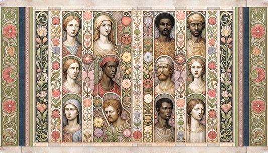 Papier Peint Art Déco Galerie de Portraits avec Motifs Floraux Vintage