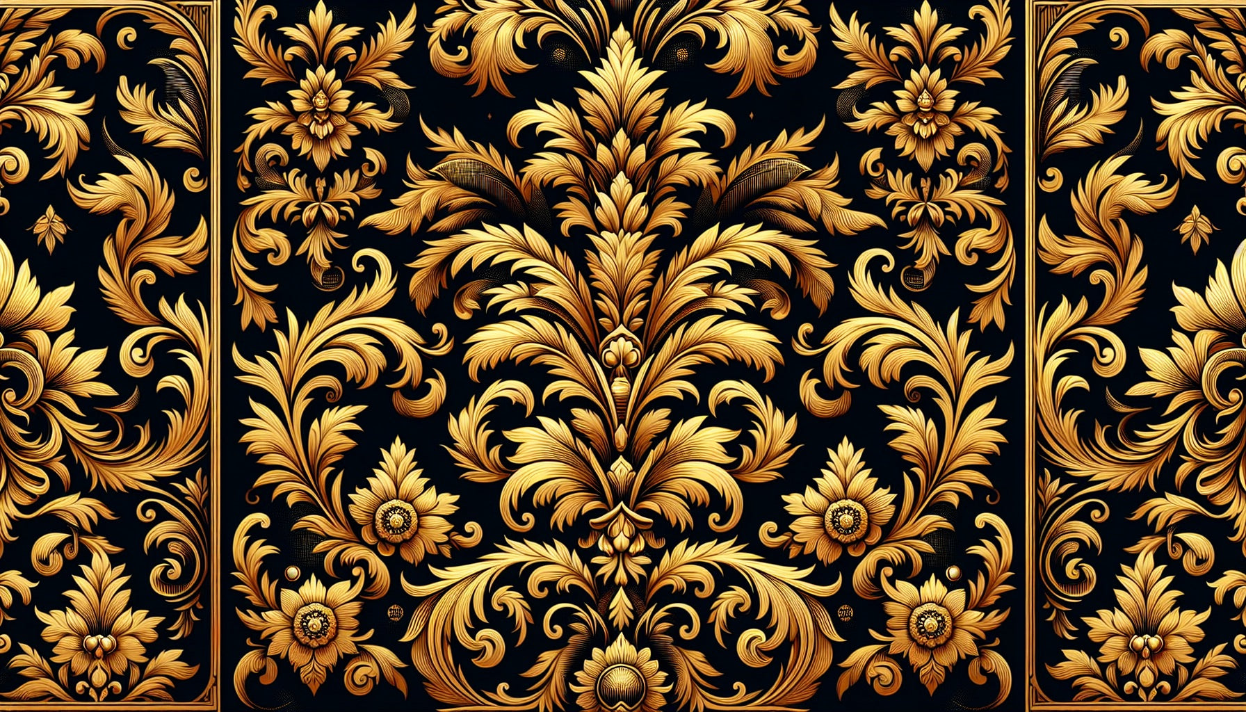 Papier Peint Art Déco Motif Damassé Noir et Or Royal