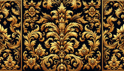 Papier Peint Art Déco Motif Damassé Noir et Or Royal