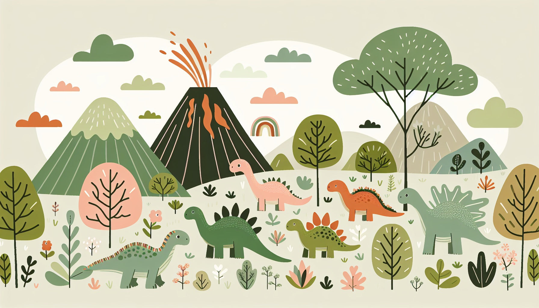 Papier Peint Dinosaure Paysage Volcanique avec Arcenciel