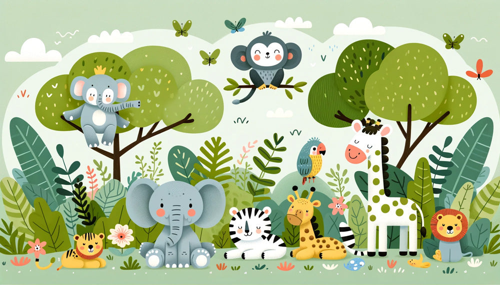 Papier Peint Animaux de la Jungle Fresque Safari Enfantine en Tons Pastel