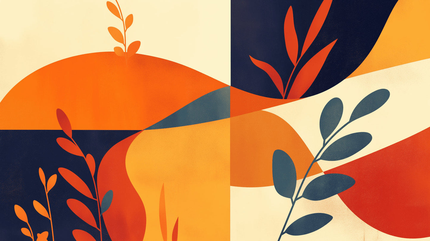 Papier Peint Abstrait Motif Géométrique Botanique Orange et Marine