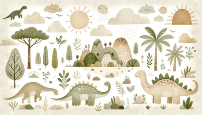 Papier Peint Dinosaure Paysage Nature Douce avec Montagnes et Palmiers