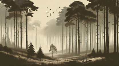 Papier Peint Forêt Pins Majestueux dans la Brume Matinale