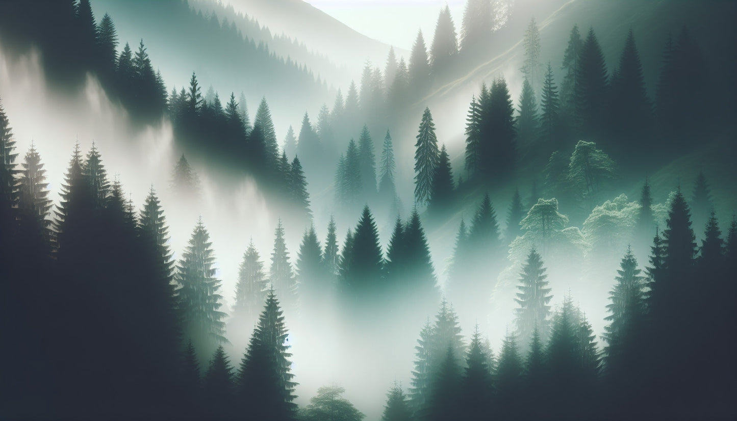 Papier Peint Forêt Pins Majestueux dans la Brume Matinale