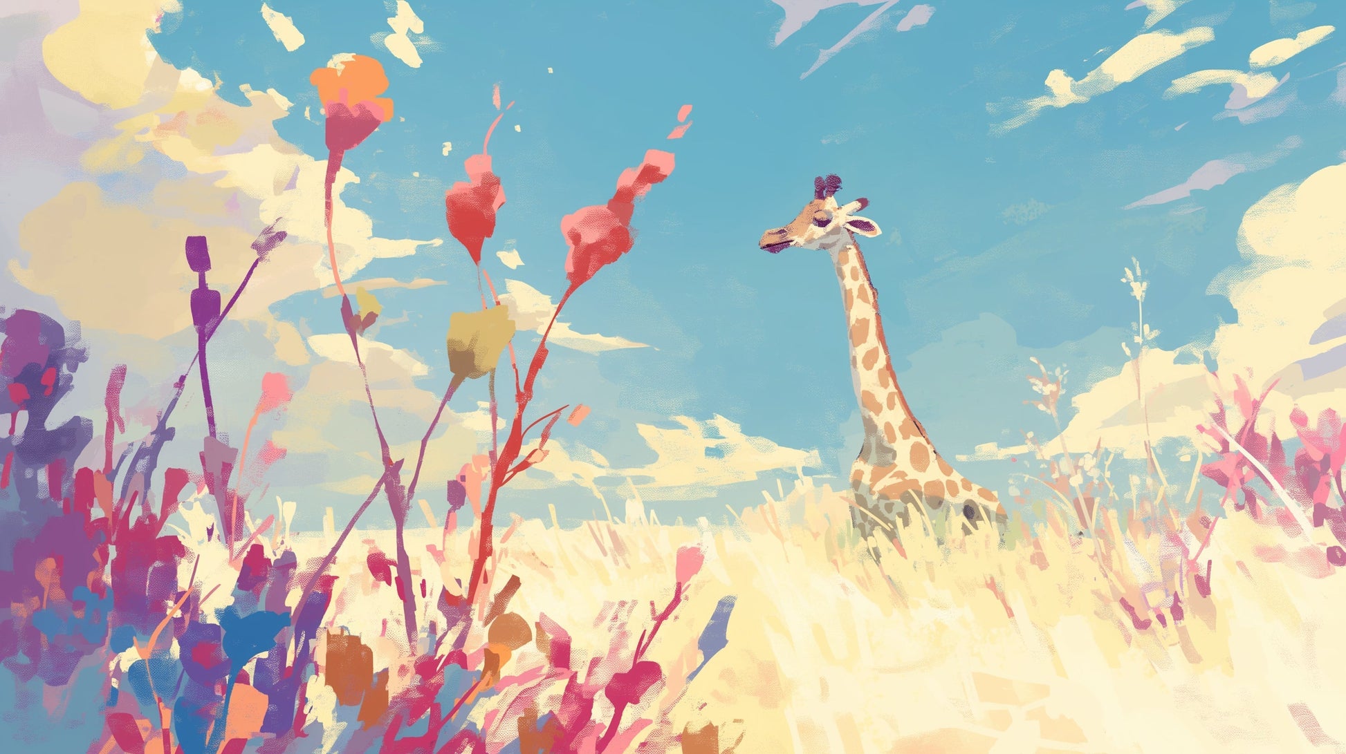Papier Peint Savane Girafe Aquarelle et Fleurs Sauvages