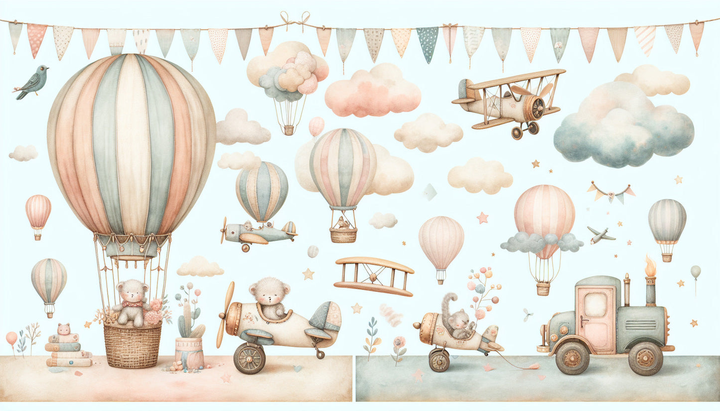 Papier Peint Montgolfière Voyage Aérien avec Oursons en Aquarelle