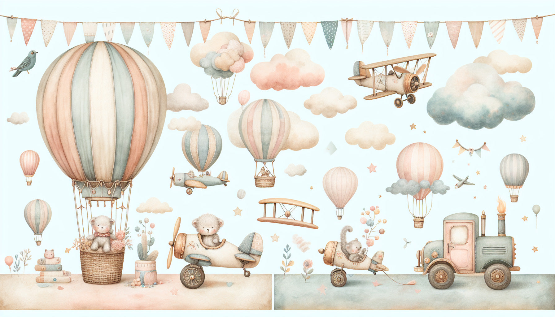 Papier Peint Montgolfière Voyage Aérien avec Oursons en Aquarelle