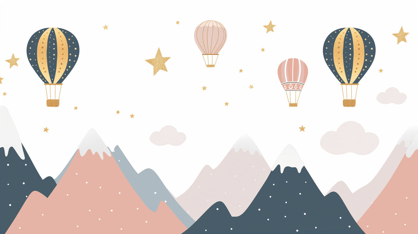 Papier Peint Montagne Montgolfières et Étoiles Dorées
