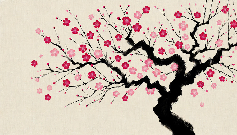 Papier Peint Japonais Cerisier en Fleurs Style Encre de Chine