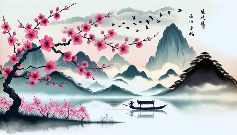 Papier Peint Japonais Cerisiers en Fleurs et Montagnes Brumeuses