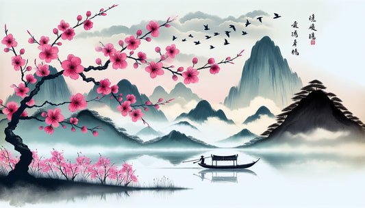 Papier Peint Japonais Cerisiers en Fleurs et Montagnes Brumeuses