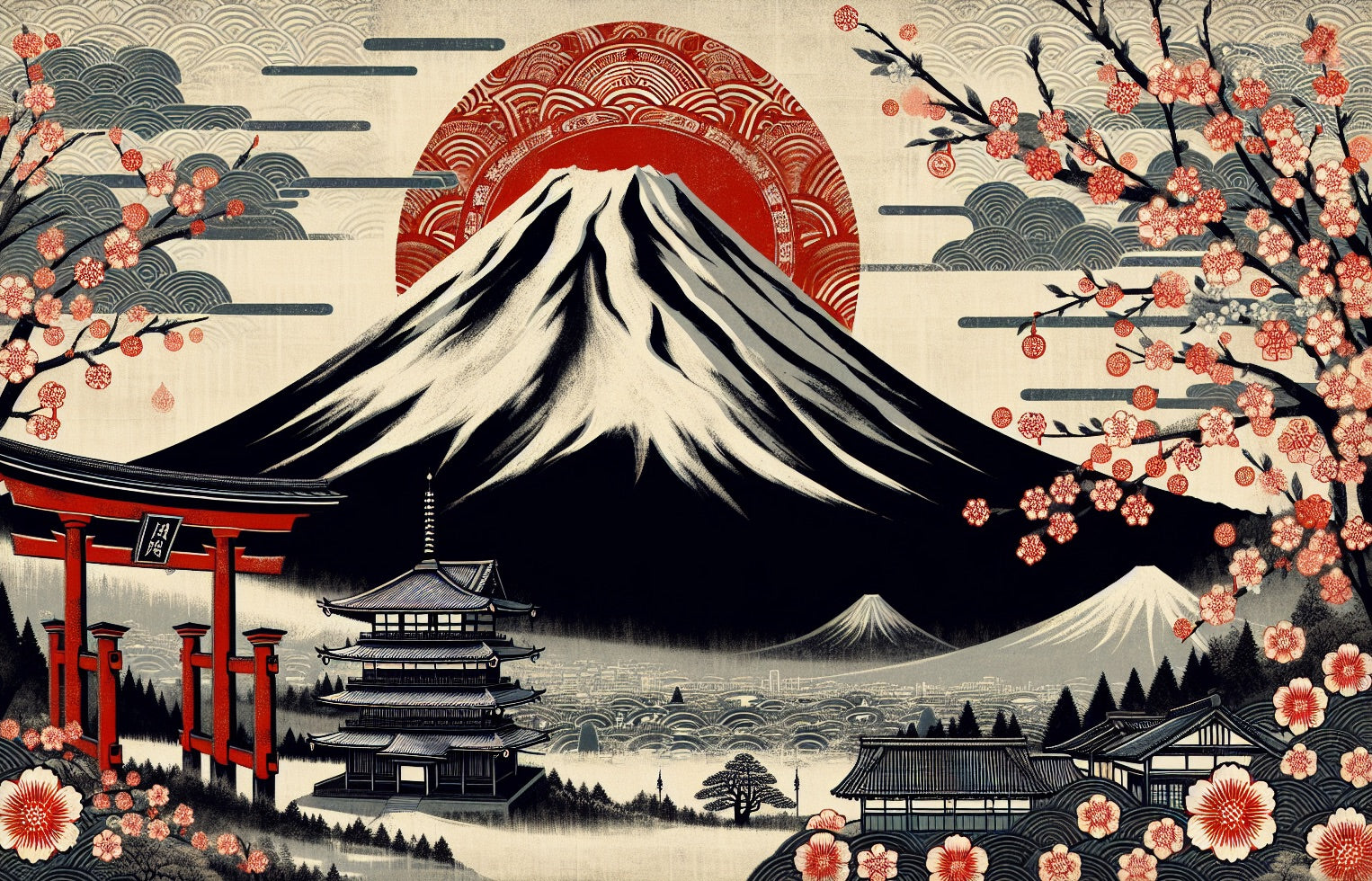 Papier Peint Mont Fuji Art Japonais avec Cerisiers en Fleurs